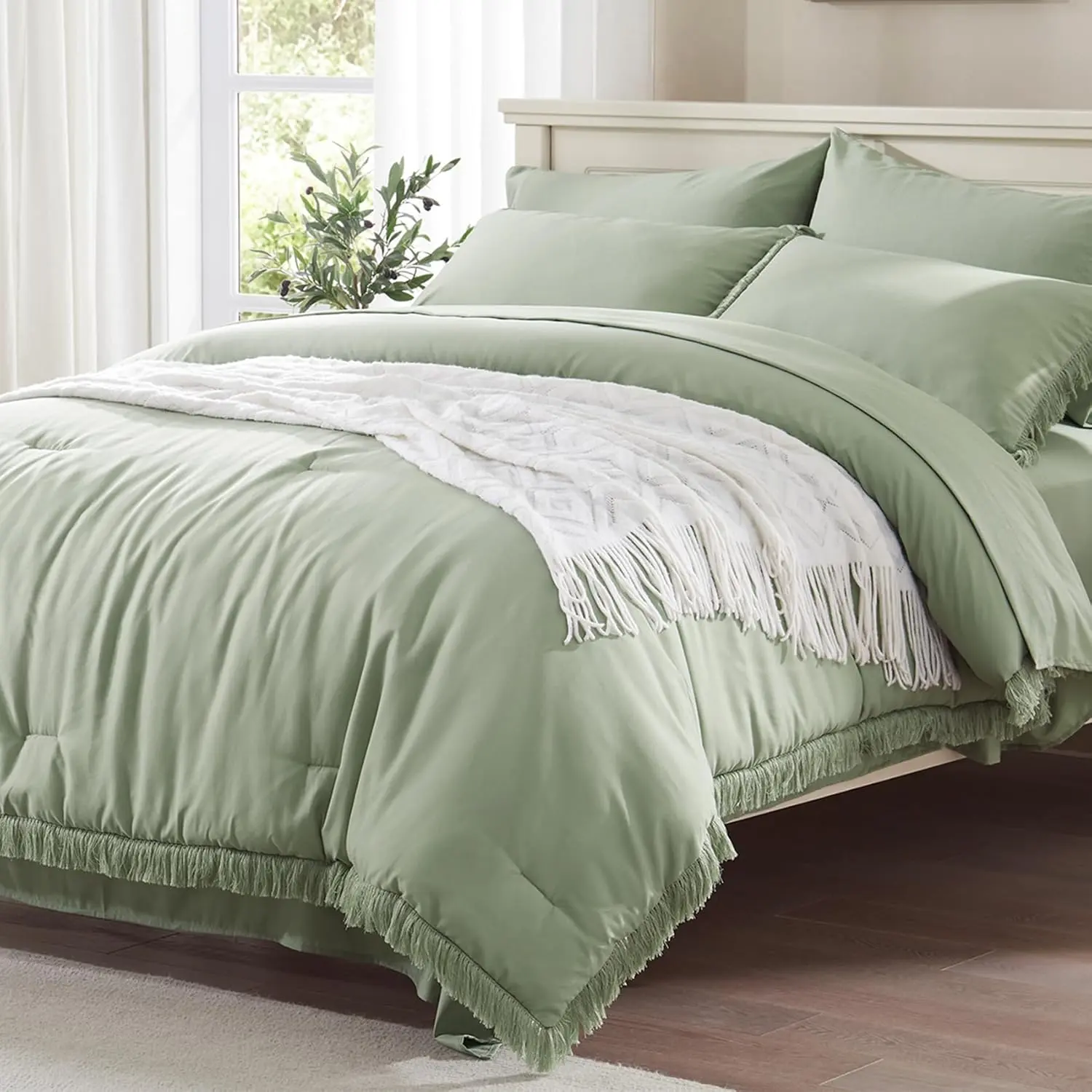 Comforter Set - 7 count Boho Bed in a Bag with Tassel - Lightweight Soft Bedding Set with 1 Comforter, 2 PillowShams, 2 Pillowcases, 1 Flat Sheet, 1 Fitted Sheet in Sage Green