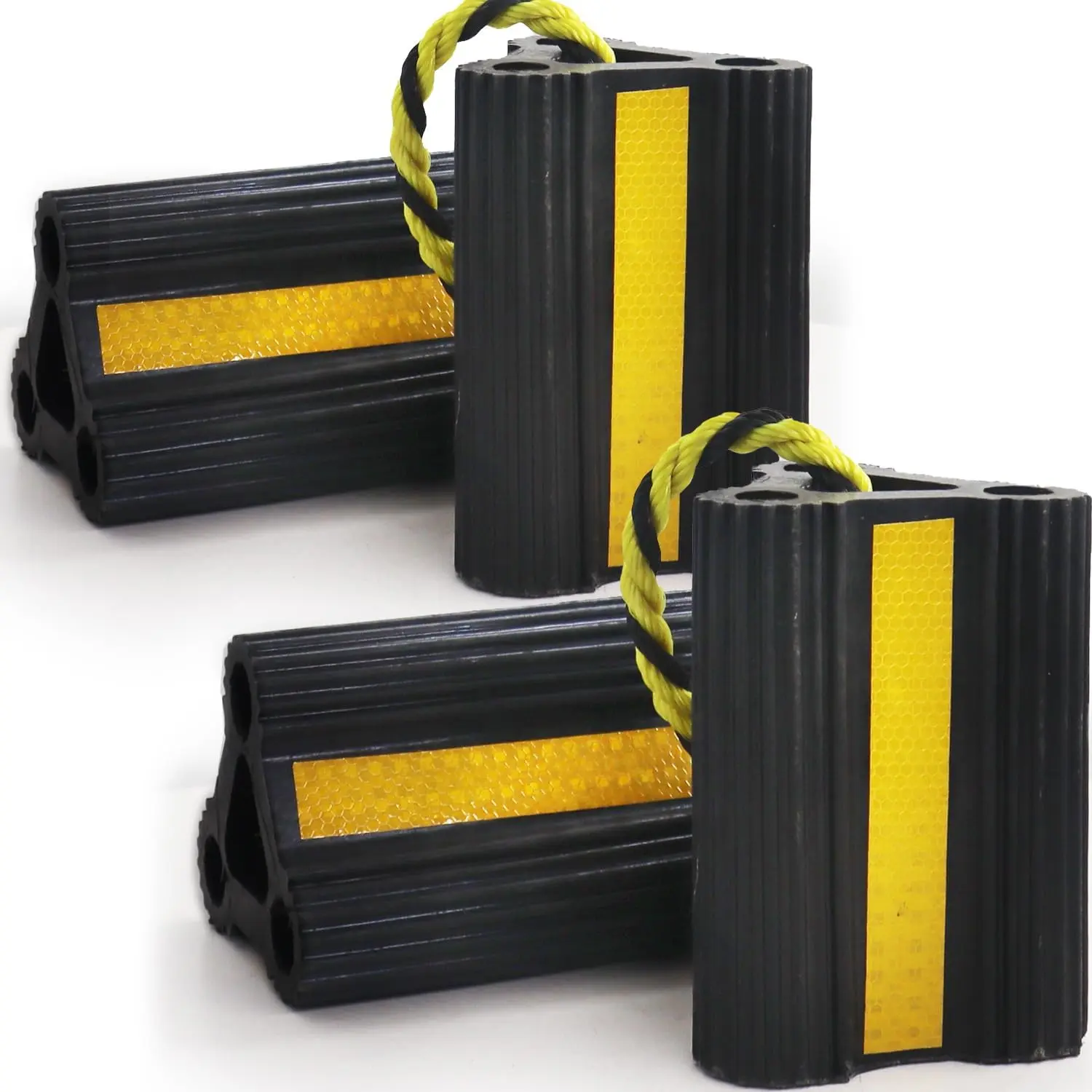 Durable Rubber Blocks Rubber Wheel Chocks, Enhanced Visibility 4.71in Yellow Tire Stoppers with Reflective Strips, 2 Pair/4 Packs with Rope, High-Performance Universal Fit for RV Trailer Truck, Essential Motorhome Loading Docks Accessories
