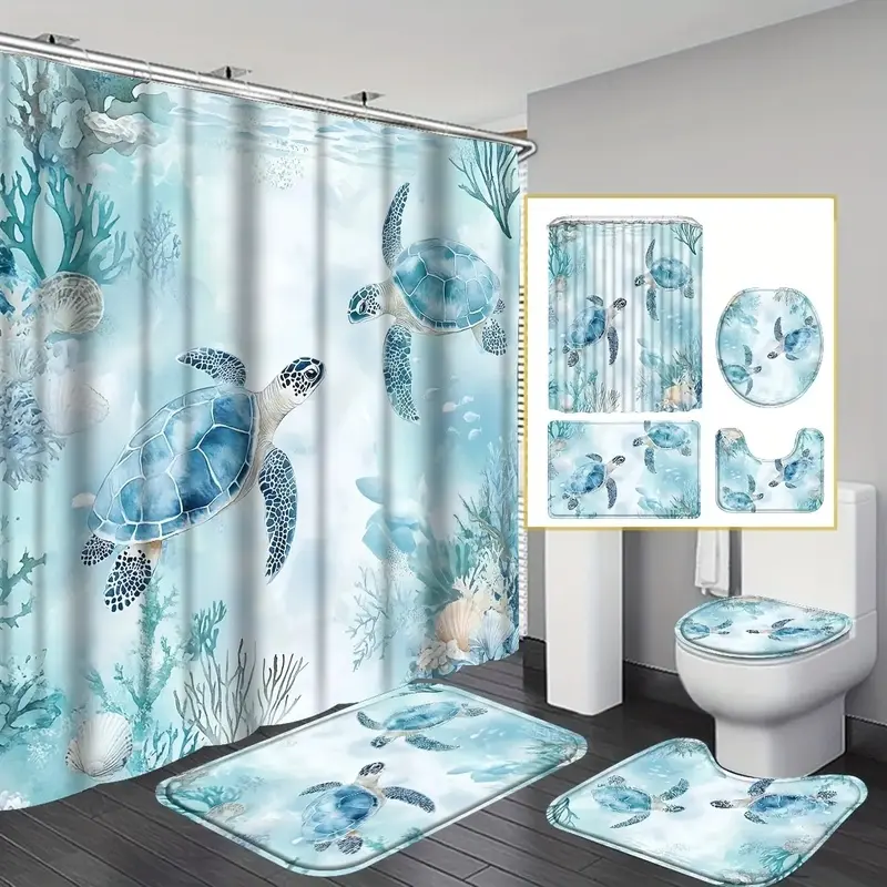 Bathroom 4-Piece Turtle Shower Curtain Set with Non-Slip Carpet, Toilet Cover and U-Pad Set - Nautical Blue for Beach Bathrooms, Modern Home Accessory for Ocean Lovers