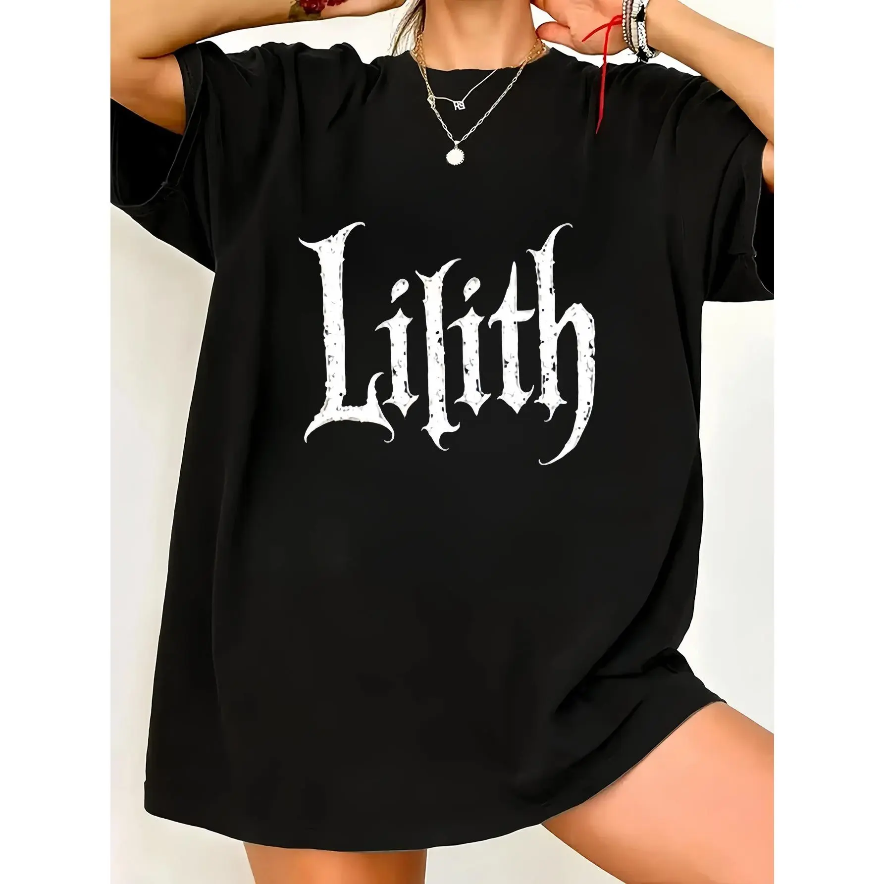 Lilith Gothic Letter Print Oversized T Shirt For Women Crewneck Loose Fit Streetwear Graphic Tee Soft Casual Trendy Outfit For Summer Daily Wear