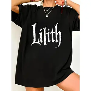 Lilith Gothic Letter Print Oversized T Shirt For Women Crewneck Loose Fit Streetwear Graphic Tee Soft Casual Trendy Outfit For Summer Daily Wear