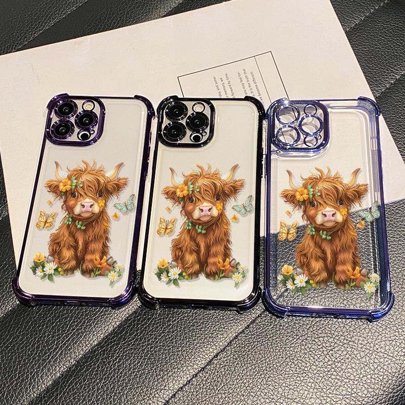 Protective Four Corners Plated iPhone Case for iPhone 17 16 Pro Max 15 Plus 14 13 12 11  Air Flower - adorned Highland calf Patterned Shockproof Transparent Soft Silicone Cover