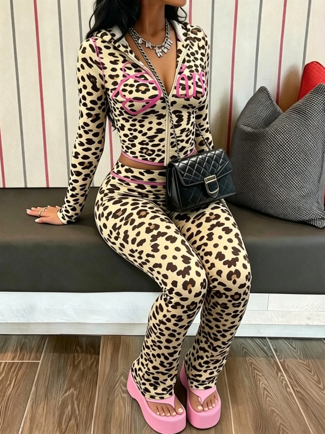 Women's 2-Piece Y2K Casual Set: Cropped Leopard-Print Zip-Up Hoodie & Flared Pants – Comfortable, Versatile, and Perfect for Spring/Summer. Two Pieces Sets