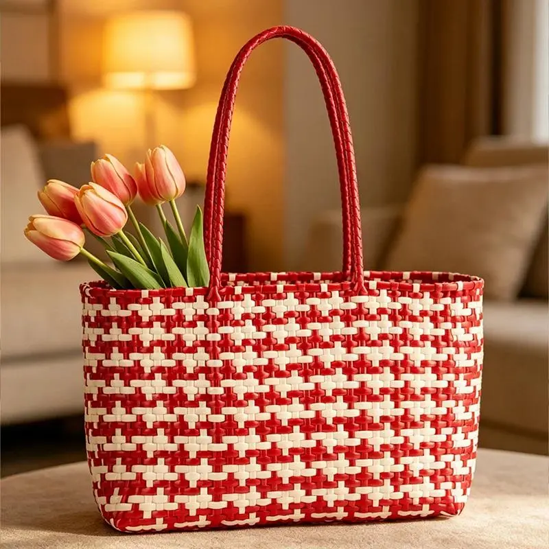 Plastic Beach Bag Handwoven Raffia Tote Bag Vegetable Basket Women Handbag Casual Summer Vacation Shopping Large Capacity Bag