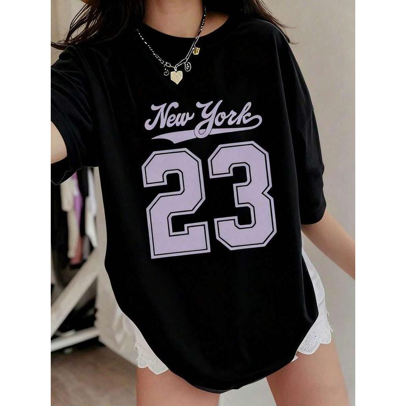 2026 New Plus Size Unisex Cotton Crewneck T-Shirt, Oversized Loose Casual Short-Sleeve Top with Cursive Script New York Outlined Varsity Number 23 Graphic, Retro Athletic NYC Streetwear Essential (Pairs with Skirts, Joggers, Flat Shoes)