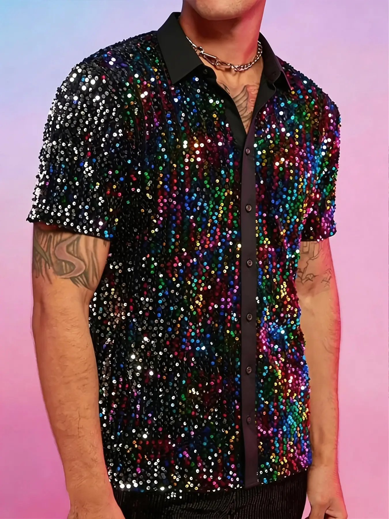 Men's Colorful Sequin Shirt, Single Button Short Sleeve, Vegas Night Theme, Festive Party Wear, Casual Business, Club, Stage, Festival