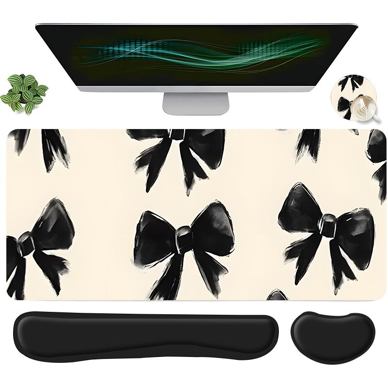 Bow Pattern Non Slip Mousepad & Keyboard Wrist Rest & Coaster Set, Ergonomic Wrist Support, Computer Mat Mouse Pad Coaster Set for Home Office Gaming