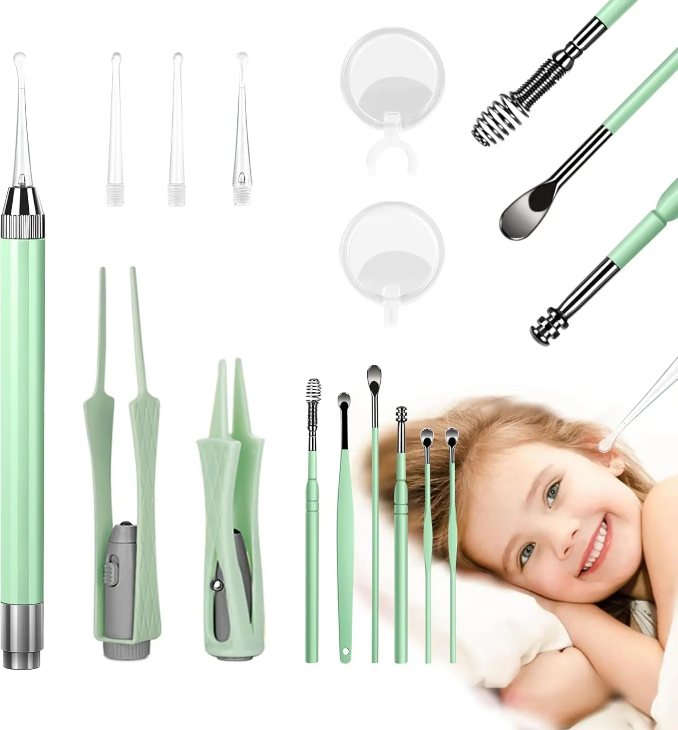 15 Pack Ear Wax Removal Tool Kit with Light - LED Ear Cleaning Kit, Ear Wax Removal for Kids and Adults, Ear Cleaning Tool, Ear Picker Spoon & Ear Tweezers & Spiral Spring Ear Spoon