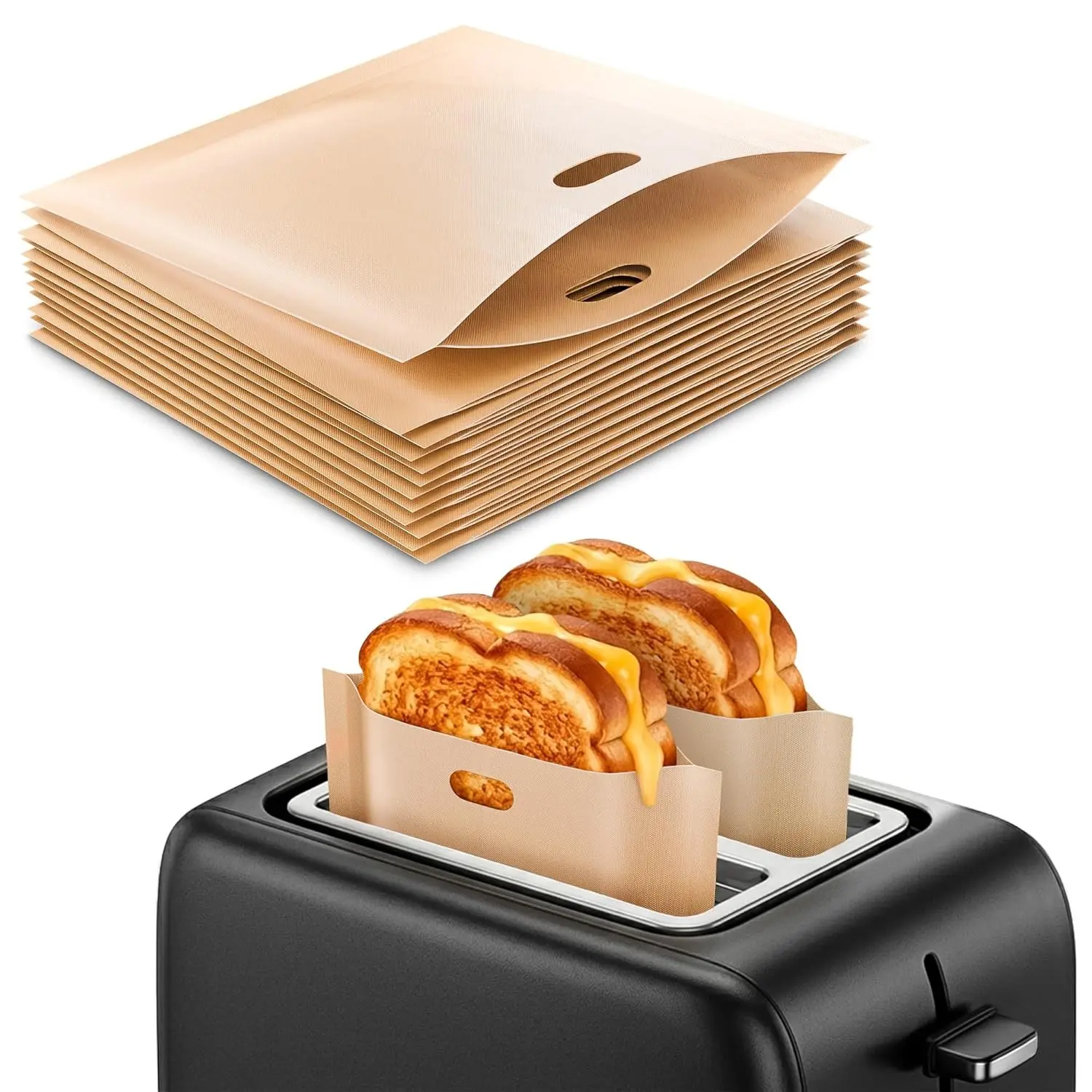 12 Pack Reusable Toaster Bags — Melty Grilled Cheese with Zero Mess, No Burnt Crumbs, Non-Stick, Heat Resistant, Up to 50 Uses, 6.3"x6.3" Panini & Sandwich Pouches for Toaster, Microwave, Oven, Grill