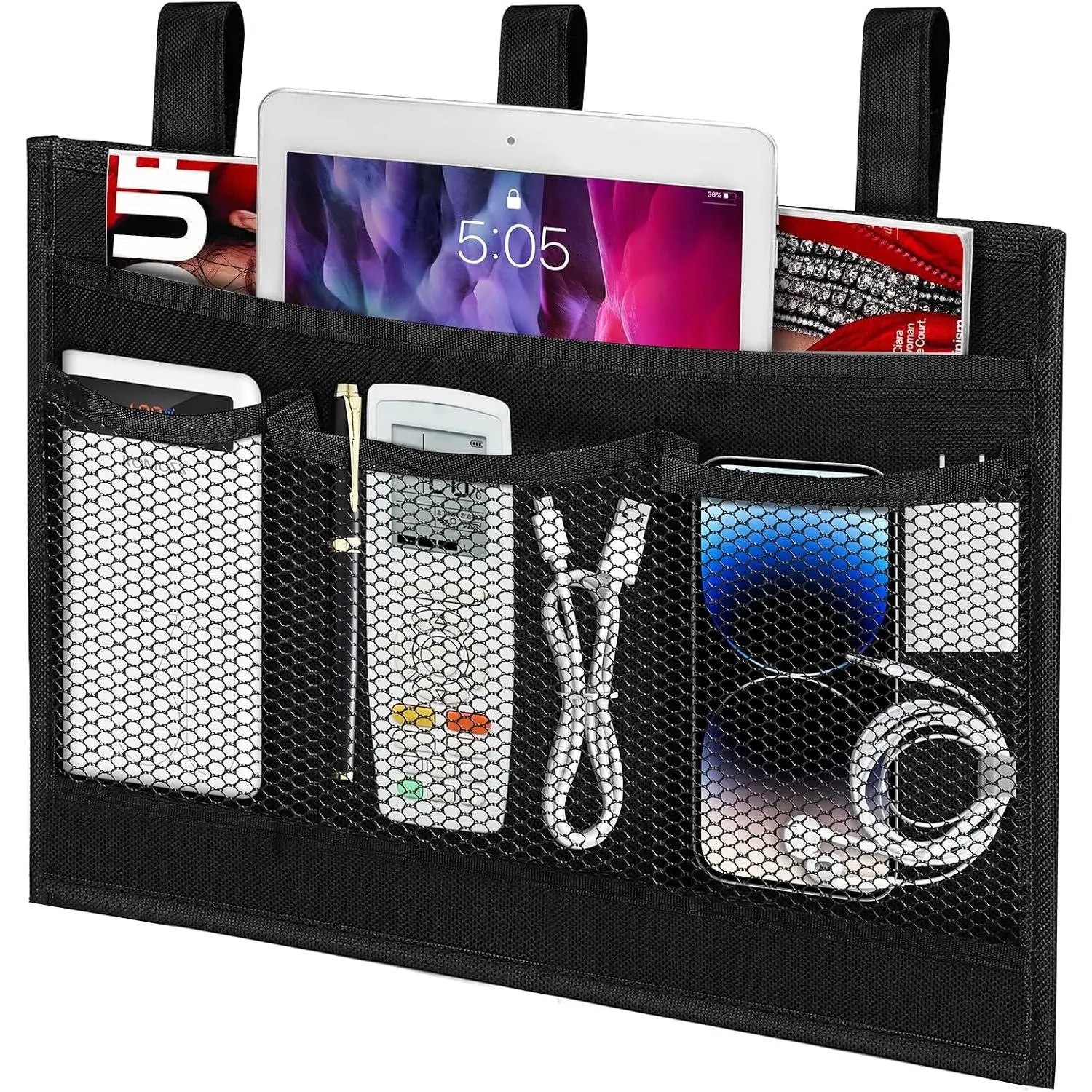 Bedside  Storage Organizer,  Storage Bag Pocket | Bunk/ Beds, College Dorm Organizer for Remotes Phone,College Dorm,Camp,Bed Rails(4 Pockets),Black