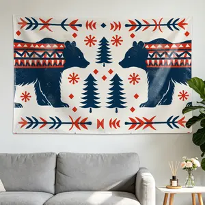 Boho Bear Forest Pattern Wall tapestry, Large size Printed Horizontal Tapestry blanket, Polyester Fabric Wall Hanging for living room, bedroom, No Installation Required, Indoor, Outdoor, Gift for Family and Friends