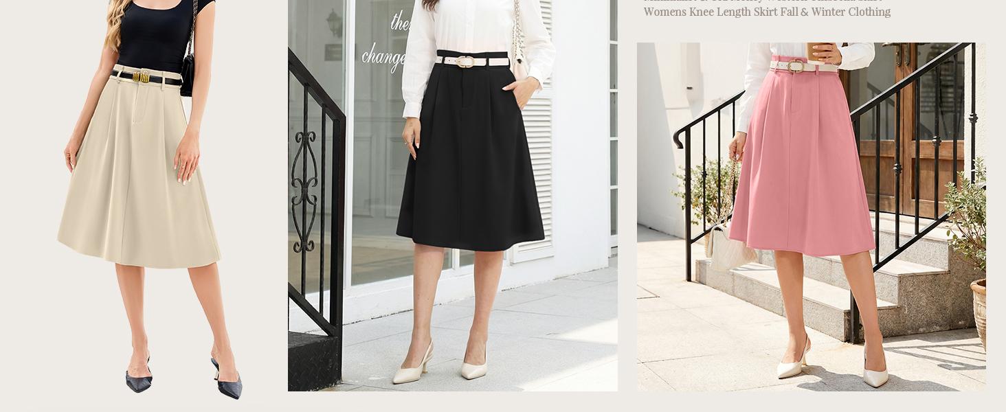 Casly Lamiit Women's Midi Skirt High Waist A Line Pleated Flare Business Casual Skirts with Pockets for Office Dating #Springfresh