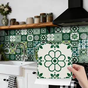 24PCS NHZ Vintage Dark Green & White Moroccan Tile Stickers, Glossy PVC Crystal Film Self-Adhesive Wall Decals, Waterproof Oilproof, Removable No Residue for Kitchen Bathroom Bedroom Home Decoration
