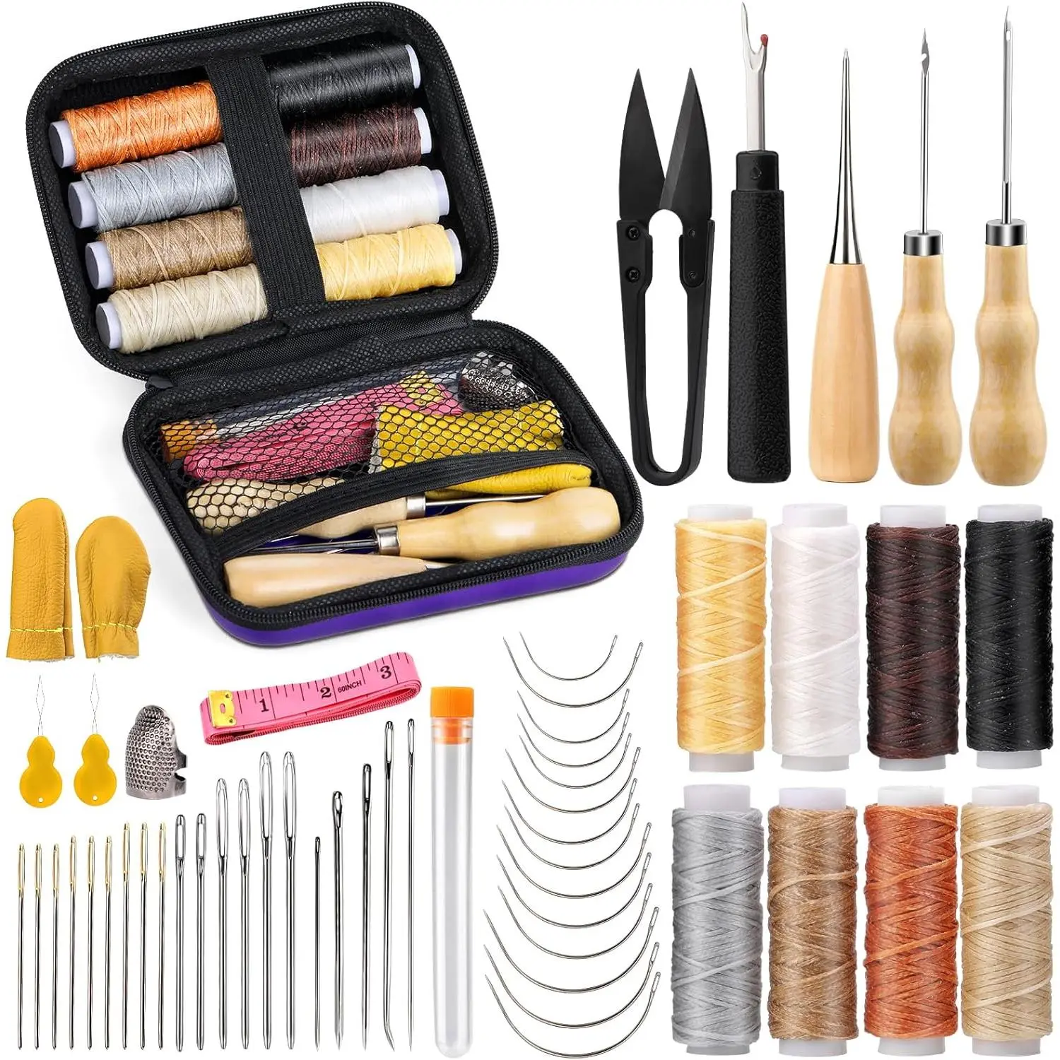 54 count Upholstery Repair Sewing Kit, 8 count Waxed Thread, Leather Sewing , Stitching Awl, Thimble, Heavy Duty Upholstery Repair Kit for Carseat Backpack Carpet Boots Shoes Canvas Sofa