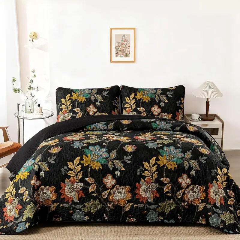 Vintage Botanical Quilt Set Queen Black Floral Soft Lightweight Microfiber Bedspread 3 Piece Set, Bedding Sets, Floral Print