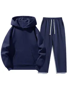 Men's Solid Color Two-Piece Sweatsuit Set, Fitted Hoodie & Drawstring Pants, Thick Fabric for Fall & Winter, Daily Wear Essentials