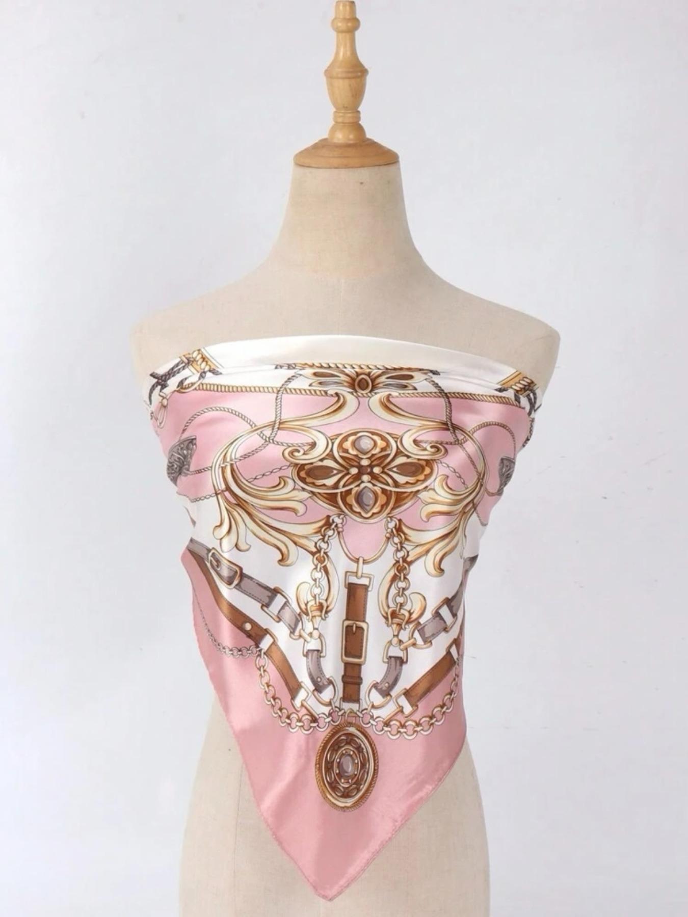 90cm Stylish Satin Square Scarf for Women, Fashionable Vivid Silk Feel Headscarf, Versatile Accessory for Any, Chain Printed Scarf