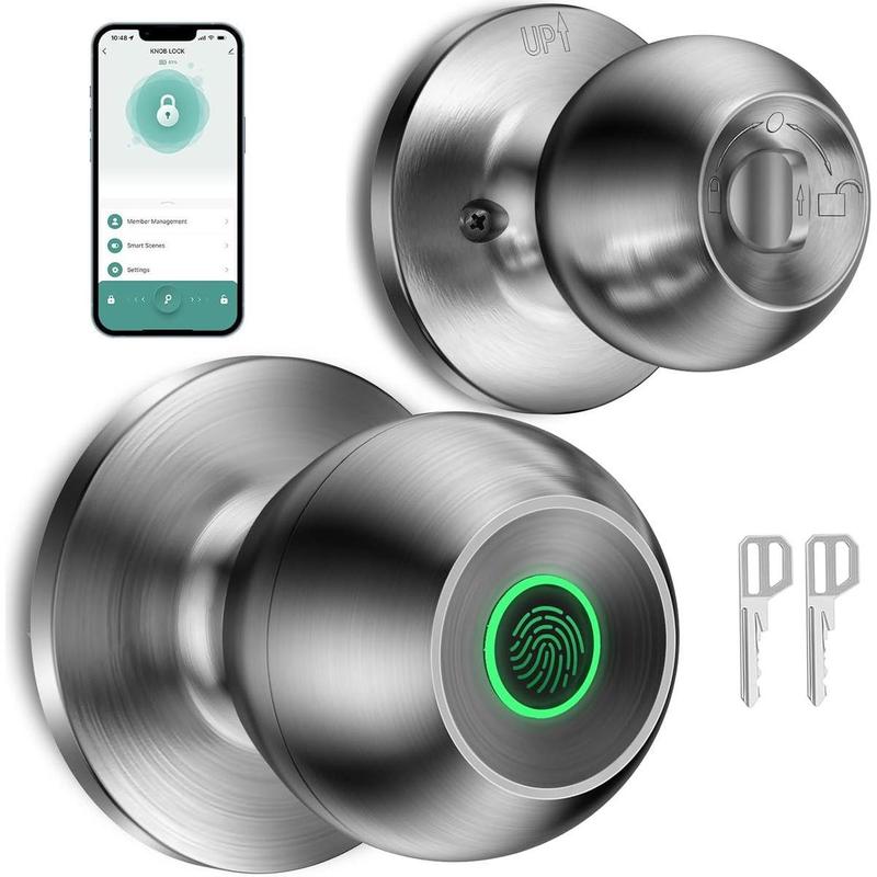 Smart Lock Fingerprint Door Knob with App Control Key Type-C Port Emergency Charging Biometric Lock for Front Door Home Apartment Office FathersDayGift