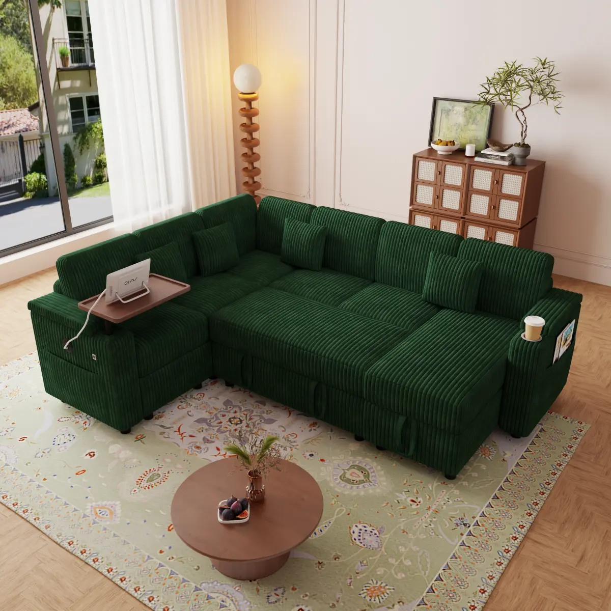 Aobtkel100-inch pull-out sofa with USB ports, table board and cup holder, comfortable soft cushioned corduroy fabric sofa bed, extra-large U-shaped combination storage lounge sofa bed