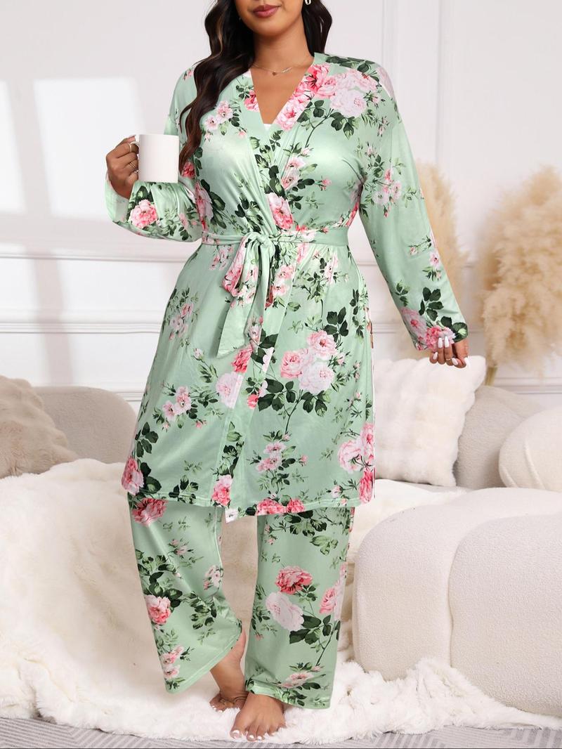 【Plus Size】 Floral Print Belted Dressing Gown & Cami Top & Pants Pajama Set, Elegant Comfy Loungewear Set, Women's Sleepwear for All Seasons