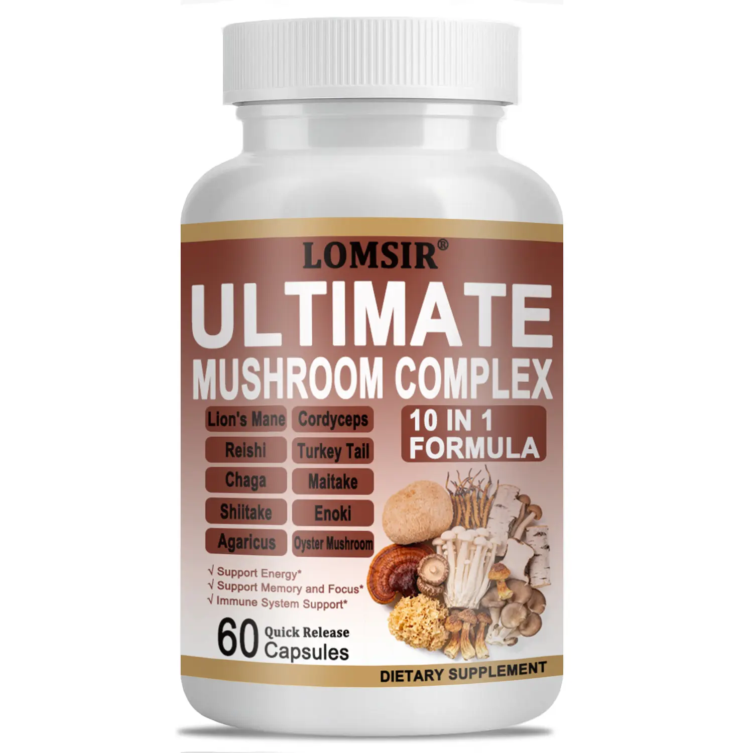 LOMSIR High Potency 10-in-1 Mushroom Supplement - Cordyceps Mushroom, Lion's Mane, Reishi & More - Brain Boosting, Energy Boost Herbal Supplements for Adults - Memory & Focus Support - 60 Capsules