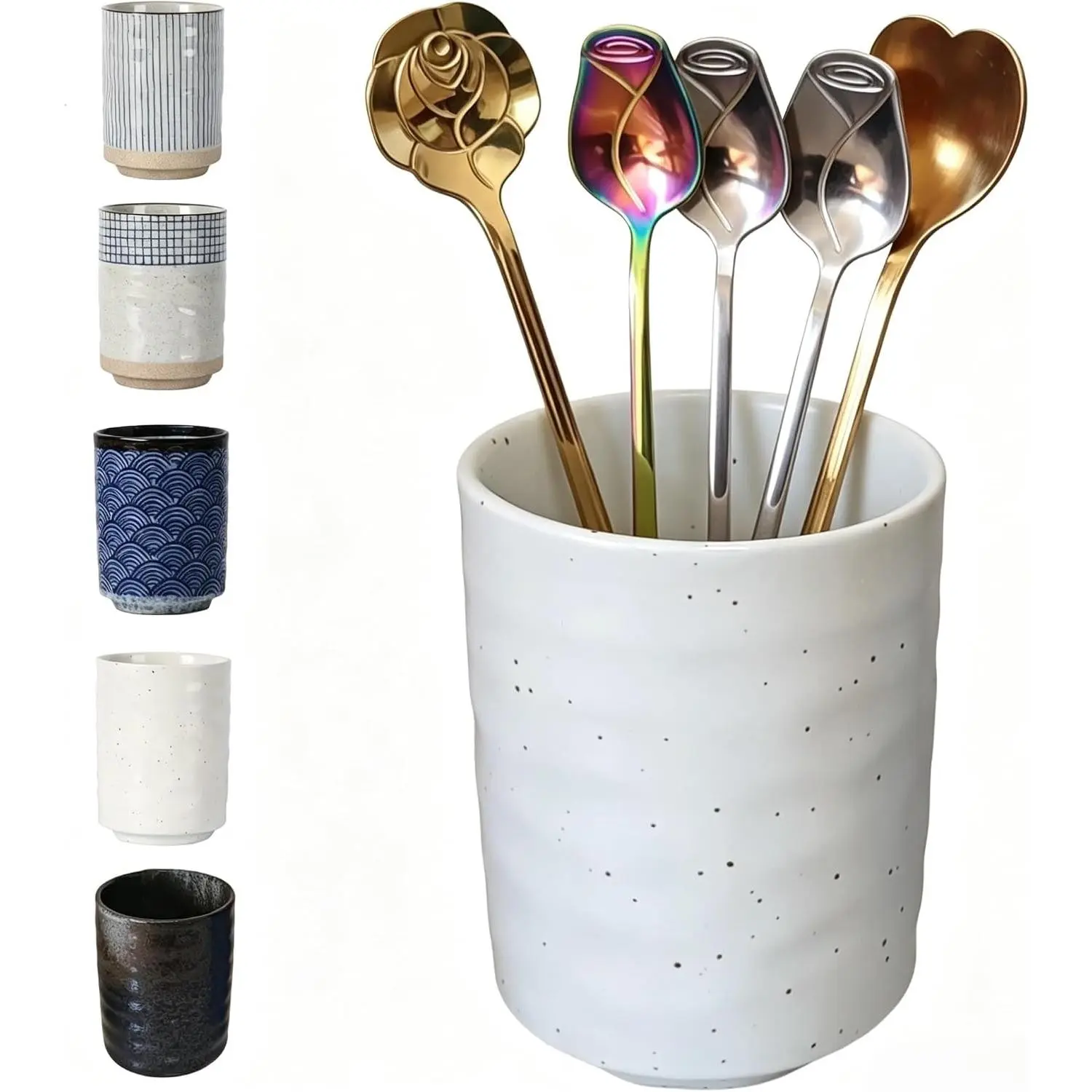 Stoneware Coffee Bar Utensil Holder  & Coffee Spoon & Stirrer Holder for Stir Stick Straw Teaspoon Holder Espresso Spoon Cup Small Utensil Jar (Speckled White)
