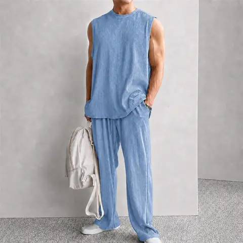 Men's Ribbed Sleeveless Two Piece Set, Summer Casual Tank Top and Wide Leg Pants Outfit, Lightweight Breathable Matching Set for Streetwear, Gym, Travel, Lounge, Beach and Daily Wear