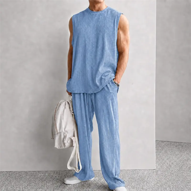 Men's Ribbed Sleeveless Two Piece Set, Summer Casual Tank Top and Wide Leg Pants Outfit, Lightweight Breathable Matching Set for Streetwear, Gym, Travel, Lounge, Beach and Daily Wear