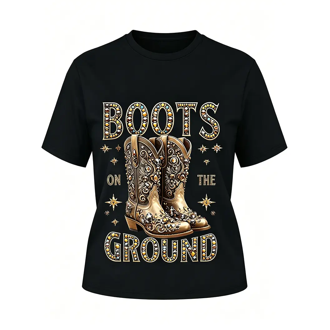 Women’s Oversized Round Neck Rhinestone Cowgirl Graphic Tops - Short Sleeve, Loose-Fit, Retro Casual Love Style Western Wear Tee for Country Music Fans (Cowgirl Stuff Included), Rhinestones