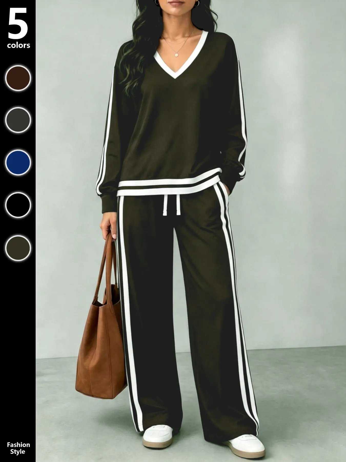Women's Casual Two-Piece Set, Plain V-Neck Long Sleeve T-Shirt and Contrast Stripe Pants, Spring Fall Fashion, All Seasons Wear