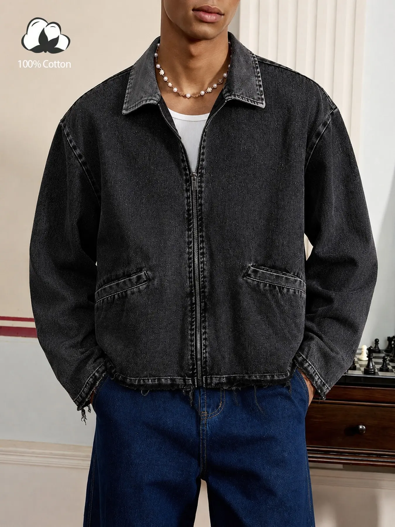 Y2K Grunge Black Zip Up Denim Jacket for Men, 100% Cotton Loose Fit Drop Shoulder Street Wear Coat with Slant Pockets, Retro Aesthetic Denim Outerwear