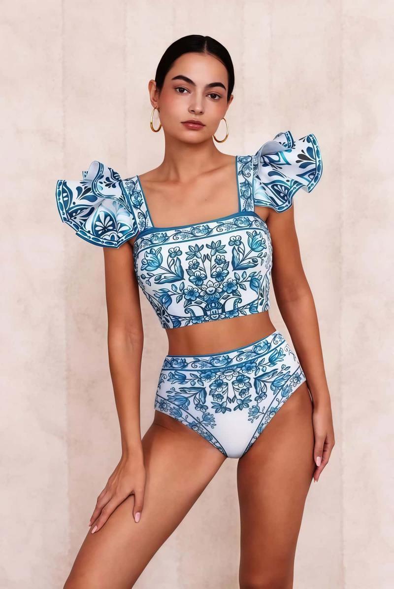 Women's Ruffle Blue Porcelain Print Swimsuit Set - THREE Piece/Bikini with Cover Up Skirt Sarong for Beach & Vacation