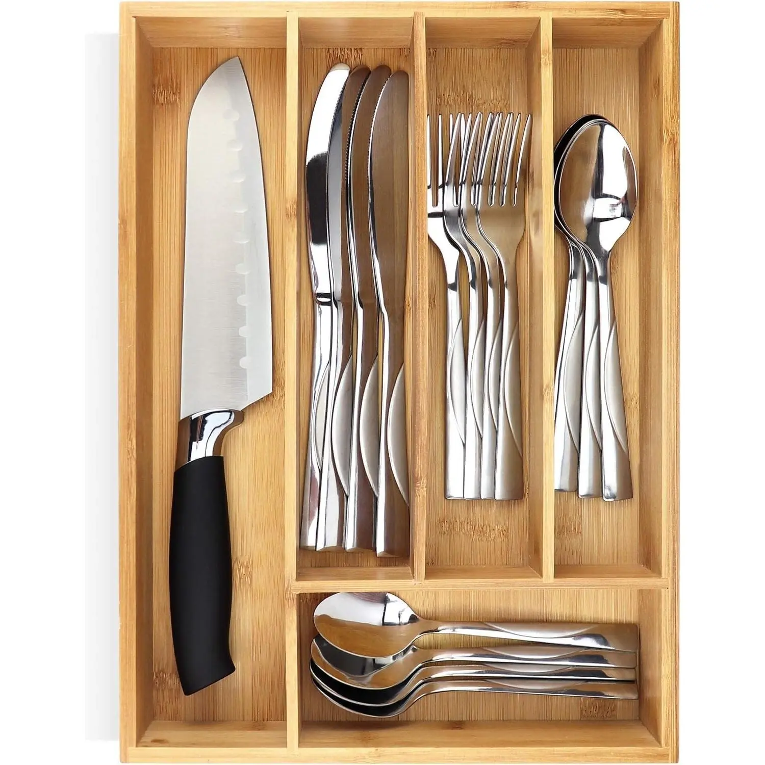 Bamboo Silverware Organizer - Small Extra-Deep Wooden Kitchen Drawer Organizer Divider for Spoons, Forks, Knives & Cutleries - 5 Slots