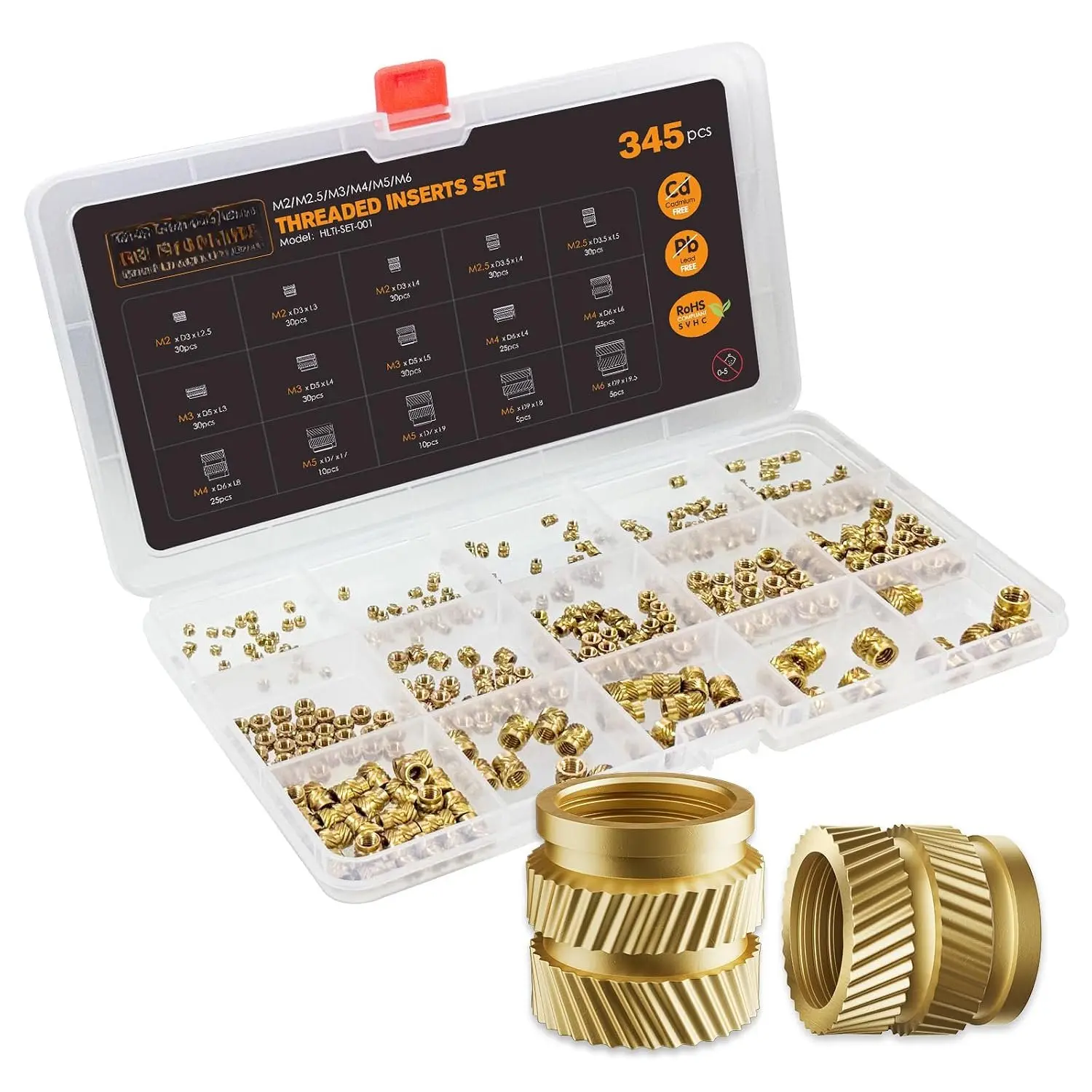 Heat-Set Threaded Inserts, M2 M2.5 M3 M4 M5 M6  Box (345 Pieces) Heat Set Insert for  Printing Components and Plastic  - Brass Metric Knurled Nuts