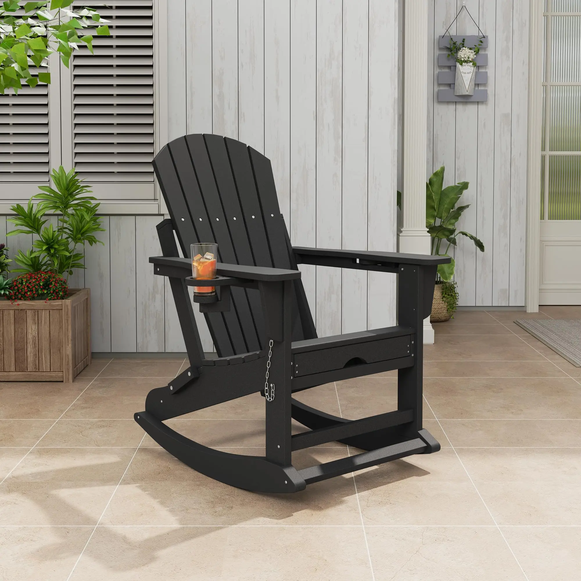 4-in-1 Folding Adirondack Rocking Chair with Retractable Ottoman & Dual Cup Holders, 380 Lbs Heavy Duty HDPE Patio Lounge Chair, All-Weather Plastic Outdoor Rocker for Porch, Deck
