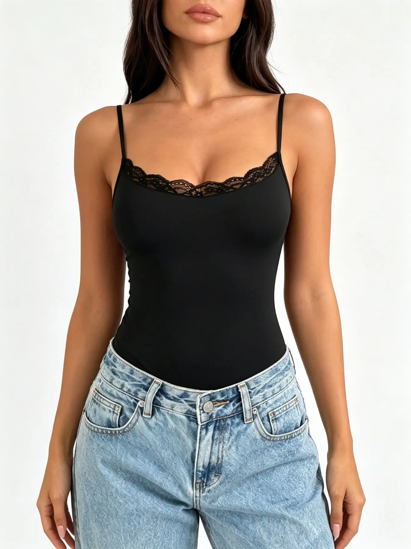 French Sexy Ruffle Lace Square Neck Bodysuit, Adjustable Straps Slim Fit Seamless Tight Bodysuit, Knit Top for Petite Women