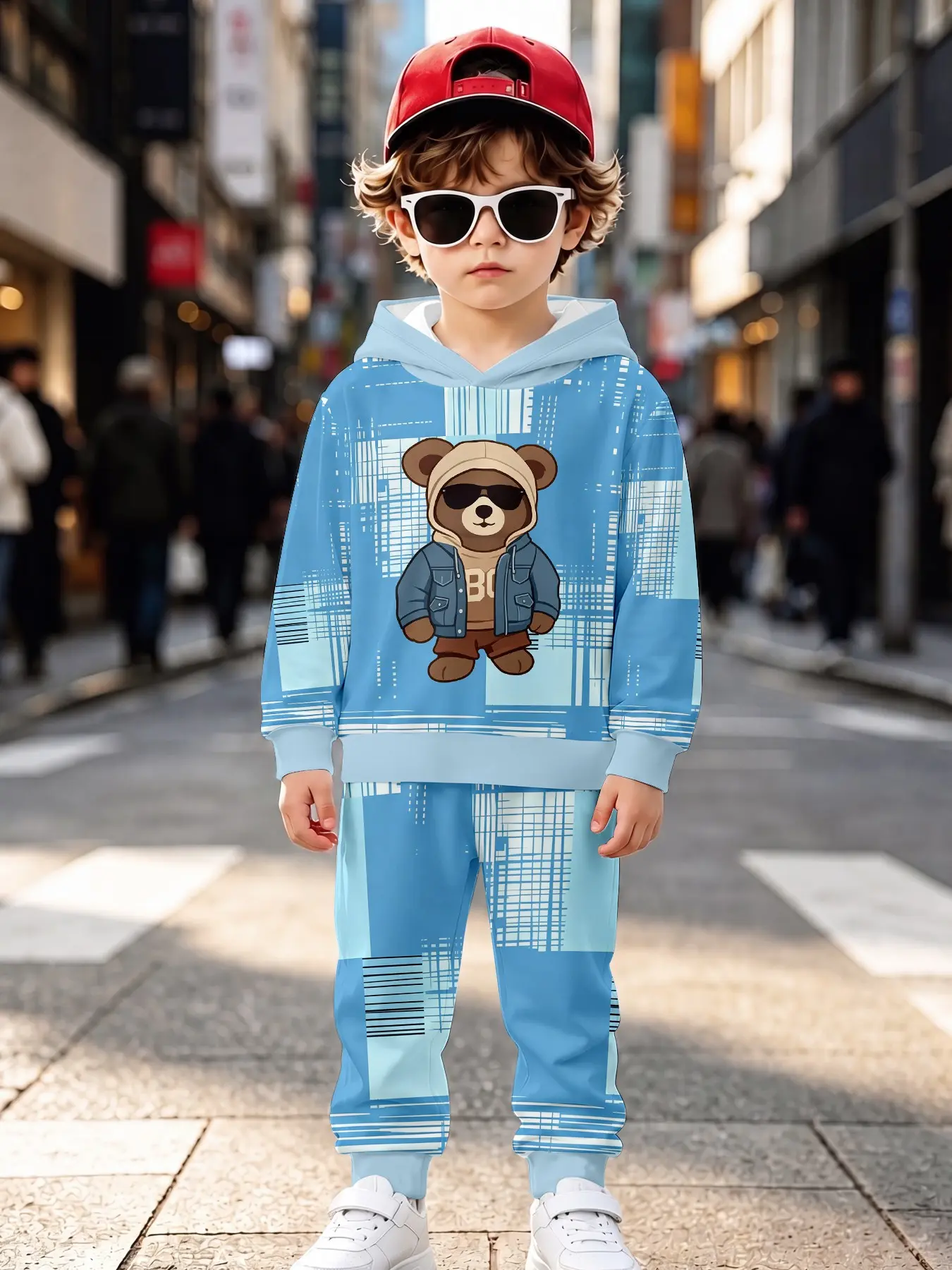 Unisex Bear Pattern Long Sleeve Sweatpants Set, Casual Loose Fit Natural Waist H-Type Design, Fall & Winter Wear