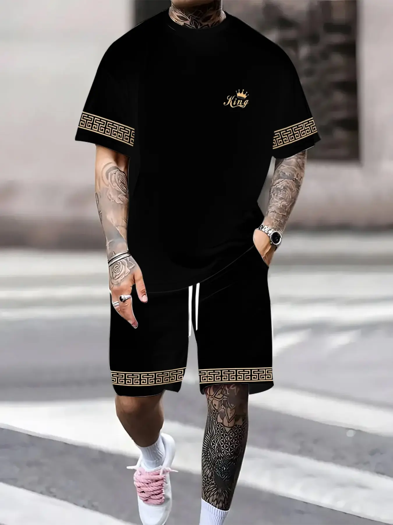 Men's Novel 3D King Text Print Polyester Casual Set, Round Neck Short Sleeve Tee and Shorts 2-Piece, All Seasons Slim Fit, Menswear
