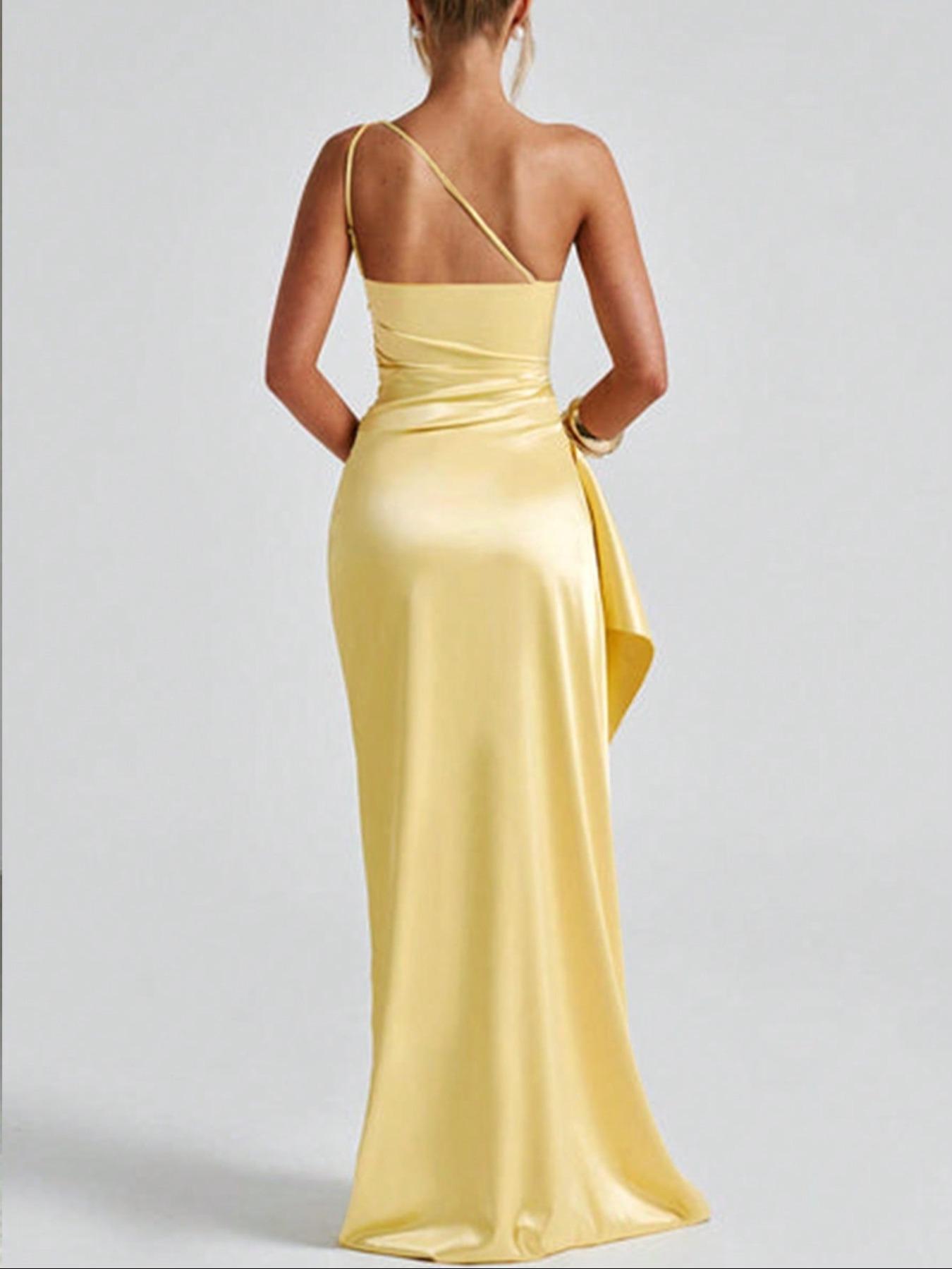 Women's Plain Satin One Shoulder Party Dress, Elegant Slit Hem Sleeveless Evening Party Gown, Ladies Clothes for All Seasons