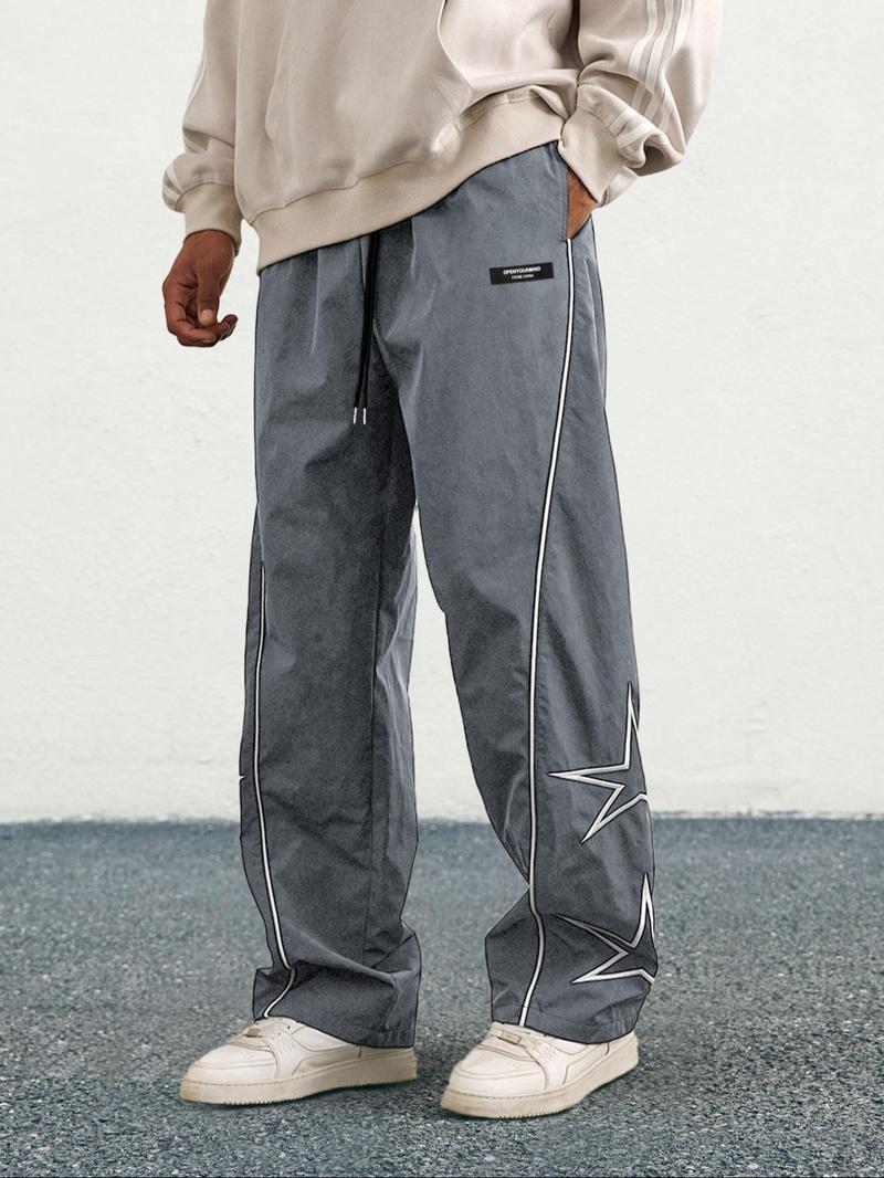 Men's Letter Patchwork Pants with Stripe & Drawstring Design, Casual Loose Pocket Trousers for Daily Wear, Fashion Men's Bottoms for All Seasons