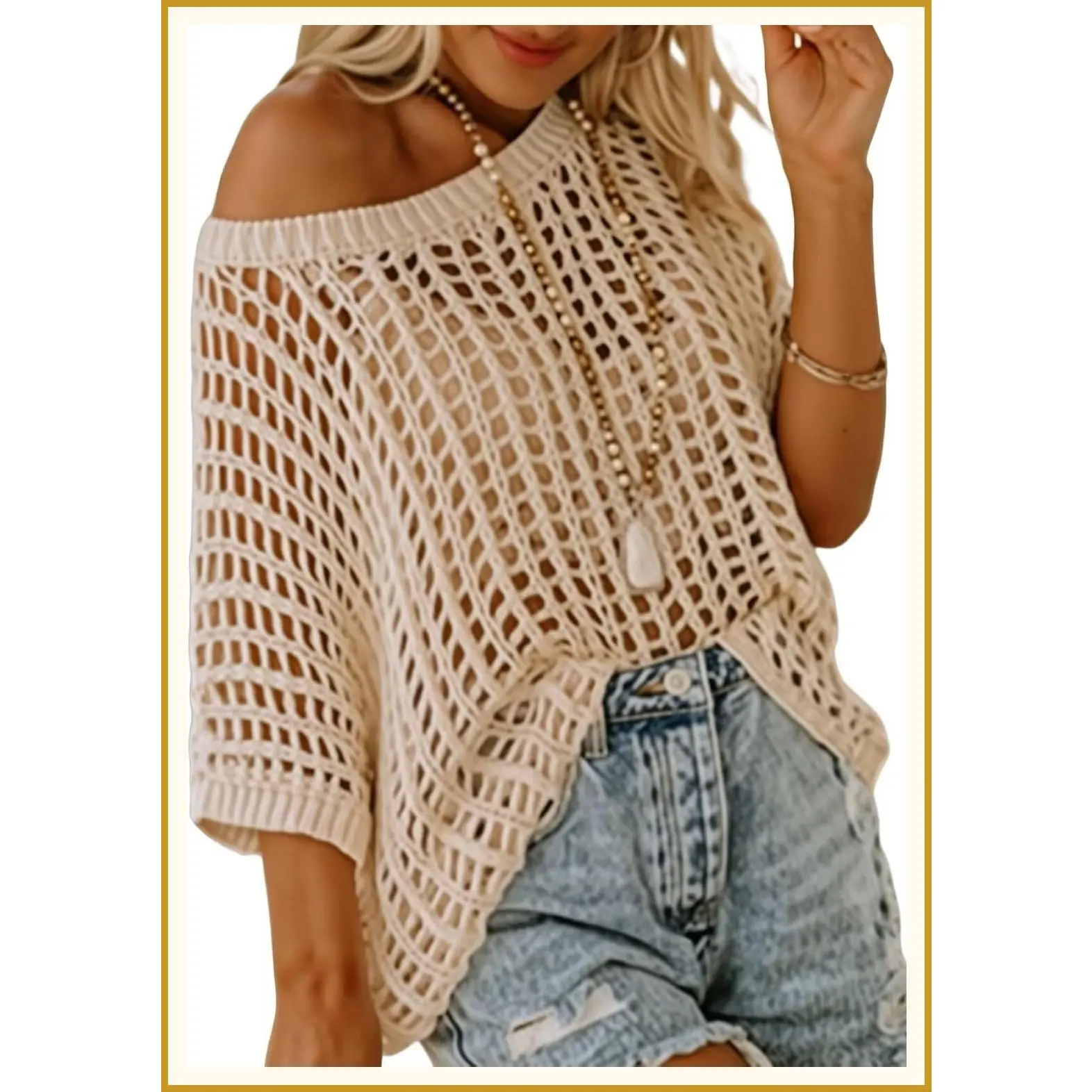 Women's Summer Scoop Neck Short Sleeve Crochet Hollow Out Knit Sweater Top Casual Pullover Beach Cover Up