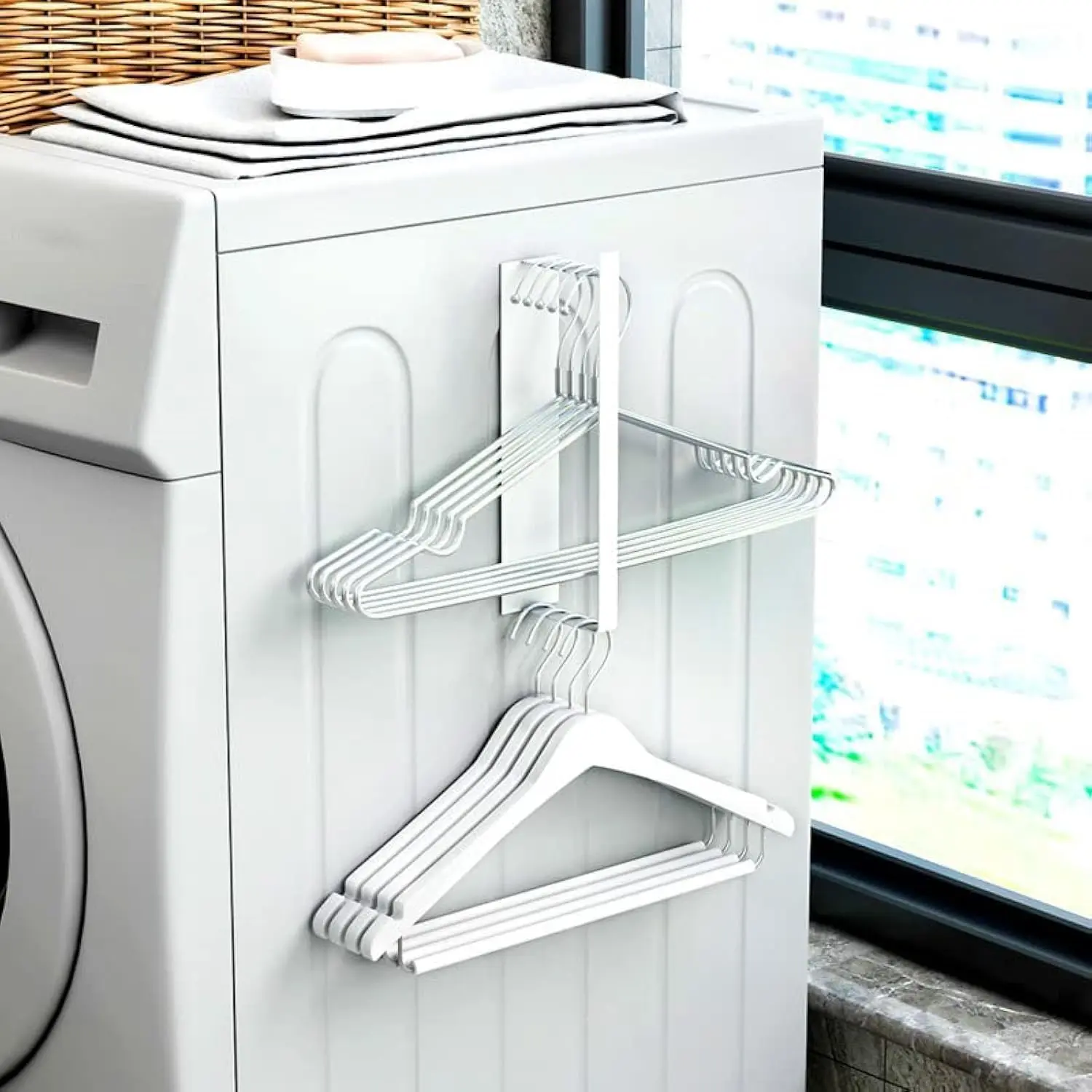 Carbon Steel Hanger Organizer,Hanger Storage Rack for Washing Machine,Hanger Stacker Closet Laundry Room,Clothes Adult or  Clothes Hangers(White)