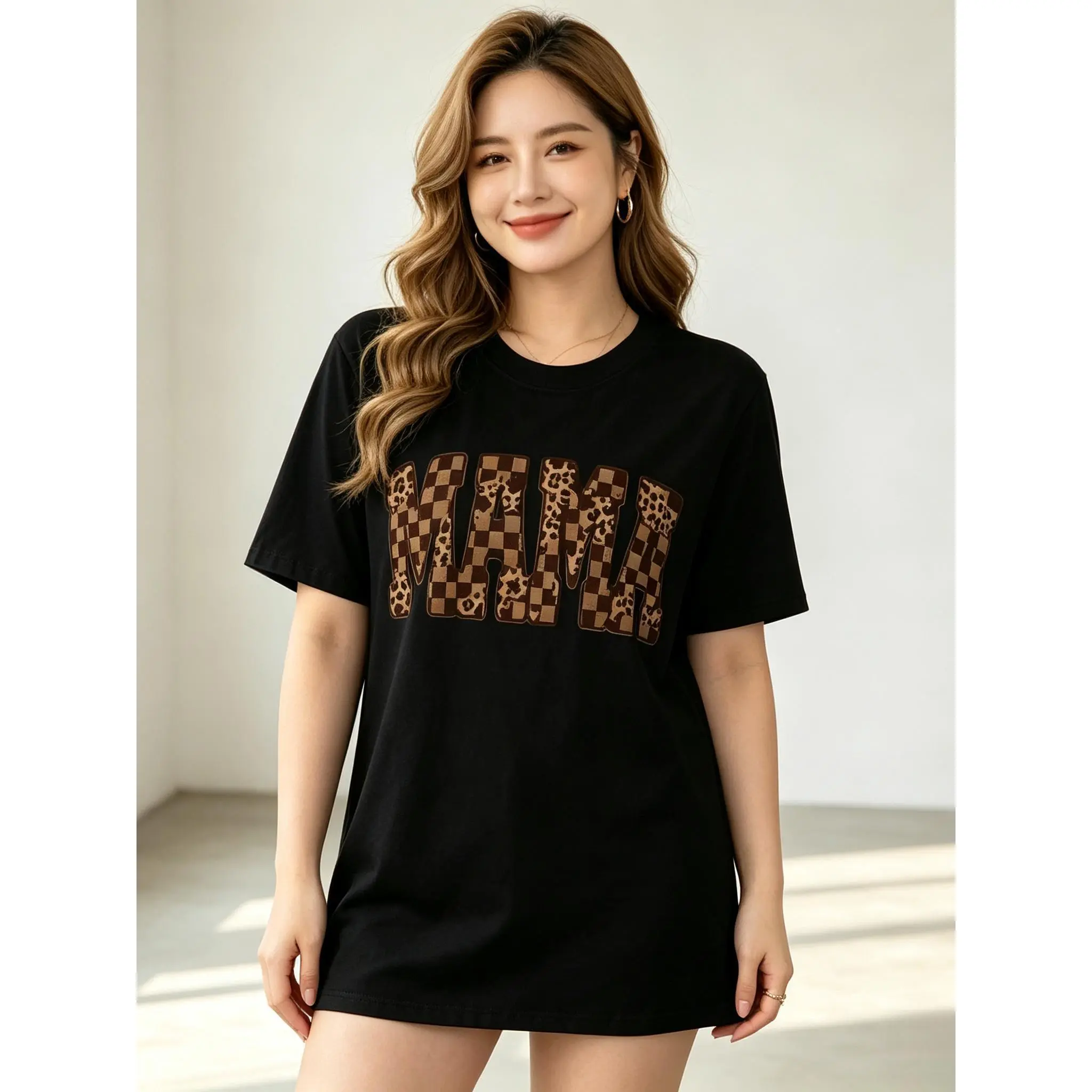 Leopard Checkerboard Mama Shirt Retro Mothers Day Gift For Mom Vintage Leopard Mama T-Shirt Western Boho Oversized Mama Tee