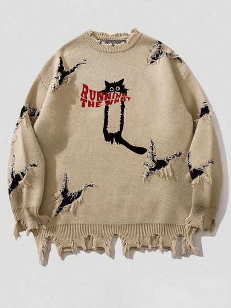 Men's Pattern Sweaters Retro Gothic Long Sleeve Crew neck Pullover knitted Top, Knitwear Tops, Grunge Skull Dollars Design, Aesthetic Gesture Warm Loose Fit Comfortable Jumper,Daily life,Hip-hop, Street wear, Going Out, Halloween Fall Winter Clothes