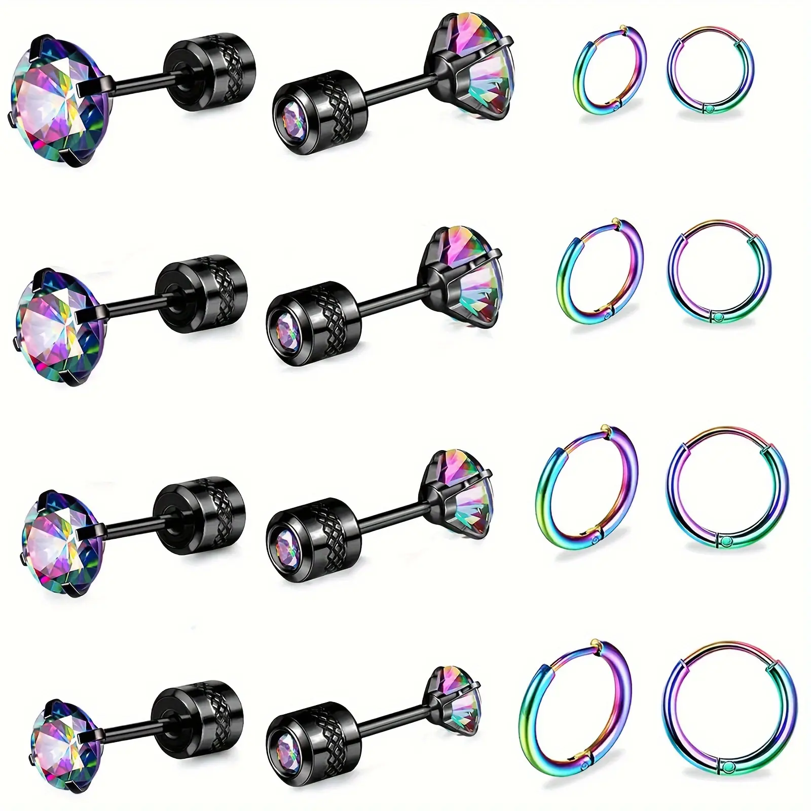 2D Flat - Stainless Steel Earrings for Women Men Steel Flat Back Stud Earrings And Hoop Earrings Set for Sensitive Ears Hypoallergenic 5A Cubic Zirconia Earrings for Multiple Piercing Cartilage Hoops Helix Lobes