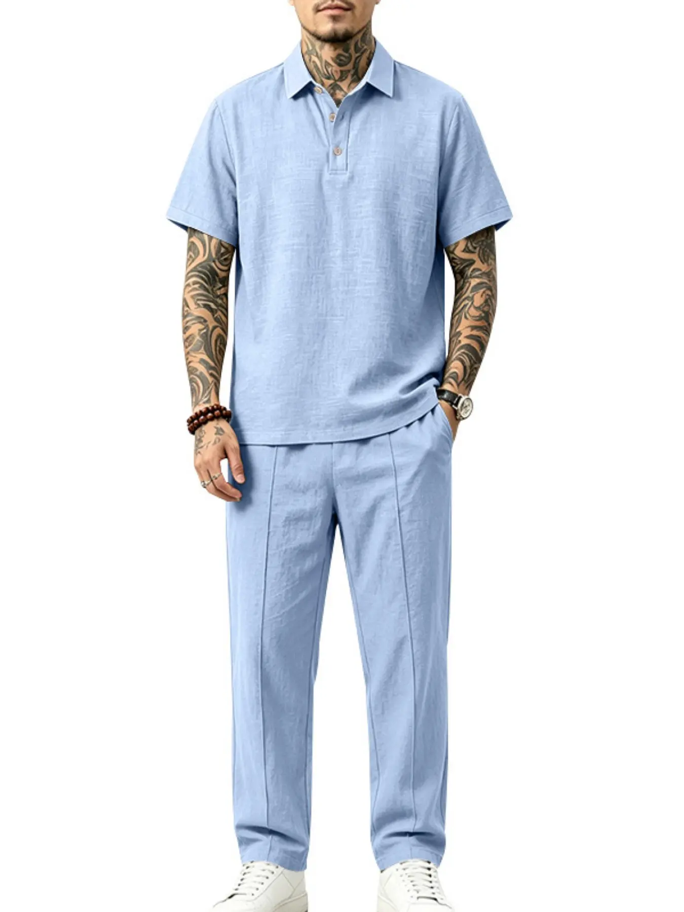 New Summer Men's Loose Linen Collar Trendy Casual Commute Polo Shirt Short Sleeve Long Pants Breathable Set, European and American Style