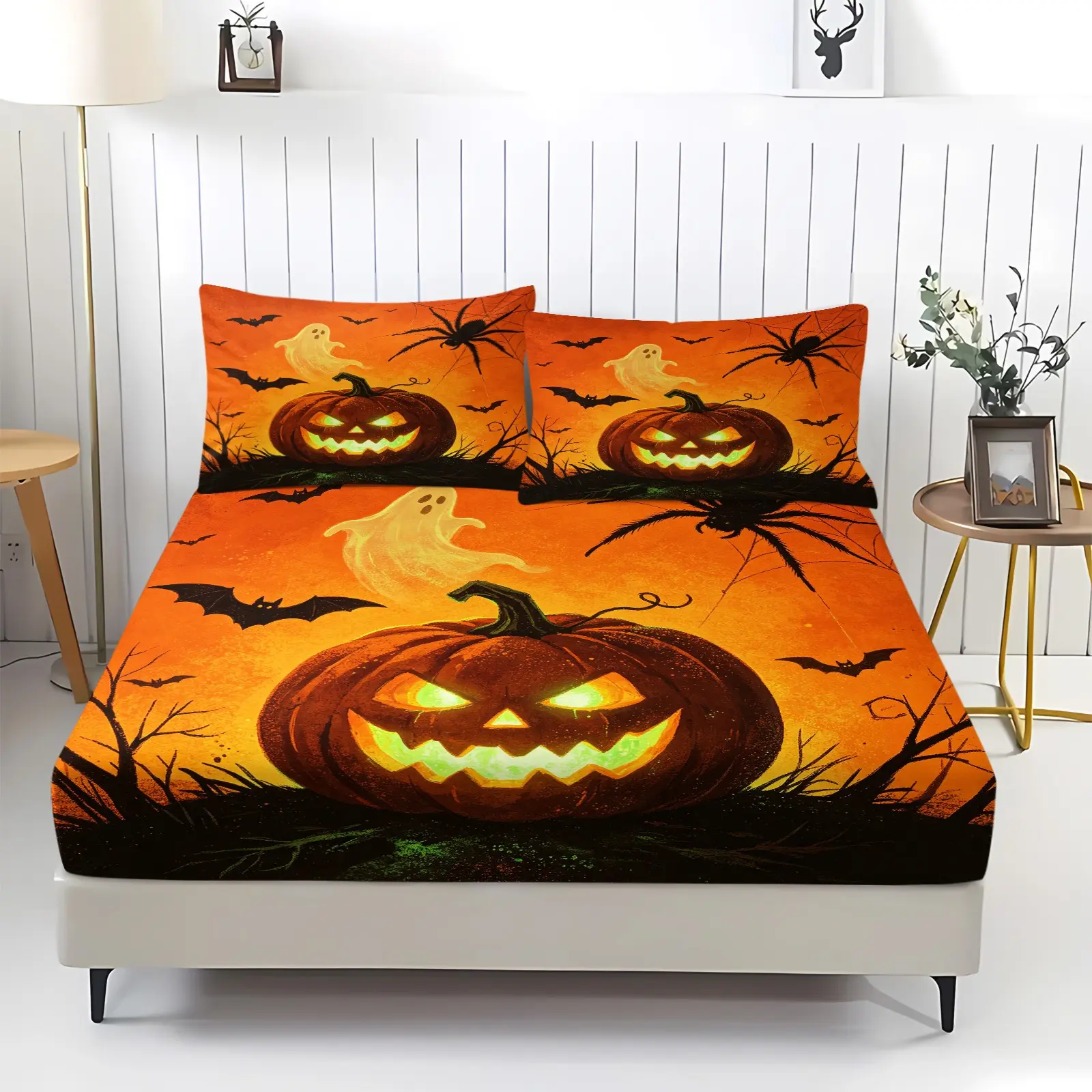 Fitted Sheet Set, Bed sheet set, Halloween Digital Print Fitted Sheet, Glowing Pumpkin Lantern Ghost Spider Bat Pattern, 360° Elastic Wrap‑Around Bed Cover, Includes 2 Pillowcases - without Core for Halloween Bedroom Decor