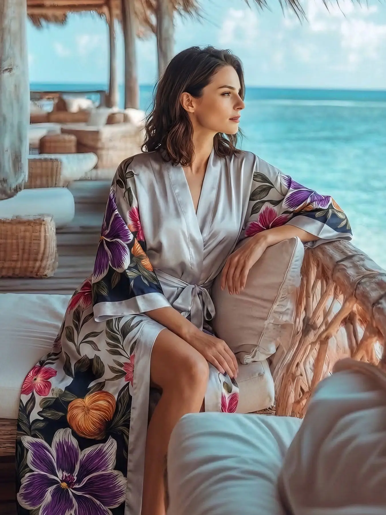 Luxurious Floral Print Silk Sleep Robe Nightwear for Women, Gowns, V-Neck Open Front Tie Bathrobe, Vintage Oil Painting Style, Loose Fit Home Wear Loungewear