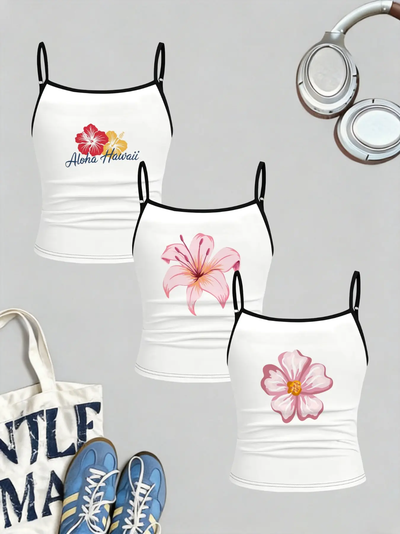 3-piece girls' Hawaiian floral print thin shoulder strap sling set Summer Clothing Set, Y2K sweet tropical style pleated slim fit sleeveless layered vest, suitable for girls' beach vacations and summer daily wear