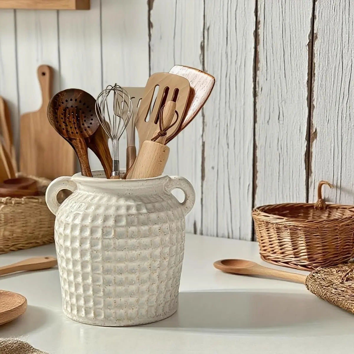 Vintage Style Dual Handle Ceramic Vase, Unique and Multifunctional, Ideal for Cutlery and Flowers, Perfect for Rustic Kitchen, Dining Room, Living Room